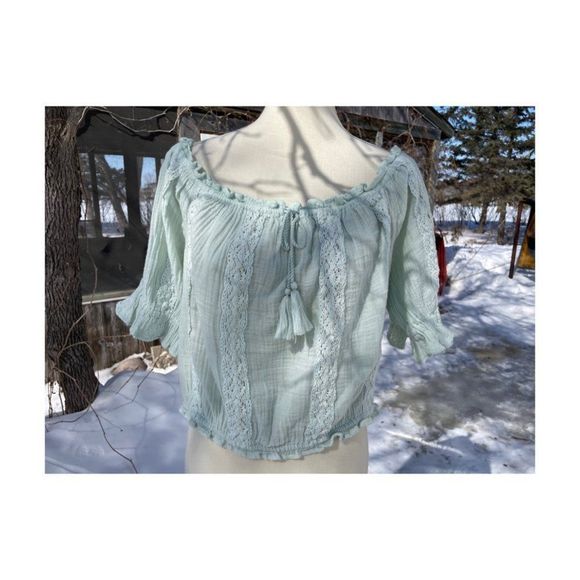 American Eagle Outfitters Mint Green Knit Crop Top Off Shoulder Balloon Sleeve S - Picture 2 of 12